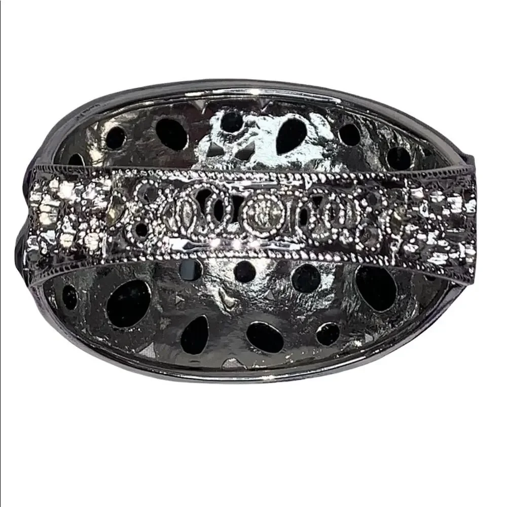 Black Rhinestone Statement Cuff‎ Bracelet Silver Hinged Wide Glam